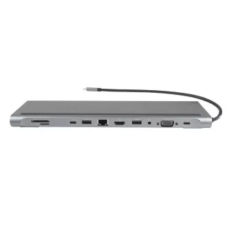 PREMIUMCORD Dokovací stanice USB-C 10v1, 1xHDMI, 1xVGA, 2xUSB-C, 3xUSB, 1xRJ45, čtečka SD karet, šedá