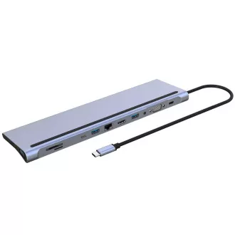 PREMIUMCORD Dokovací stanice USB-C 10v1, 1xHDMI, 1xVGA, 2xUSB-C, 3xUSB, 1xRJ45, čtečka SD karet, šedá