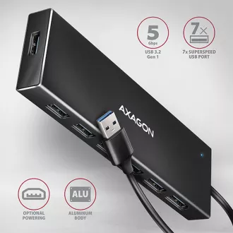 AXAGON HUE-F7A, 7x USB 3.2 Gen 1 ALU FLAT CHARGING hub, micro USB napájecí konektor, kabel USB-A 1m AXAGON HUE-F7A, 7x USB 3.2 Gen 1 ALU FLAT CHARGING hub, micro USB napájecí konektor, kabel USB-A 1m