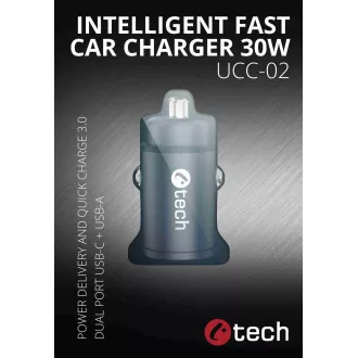 C-TECH nabíječka USB do auta UCC-02, 1x Type C + 1 x Type A,  30W