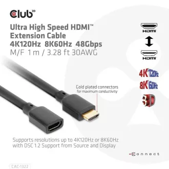 Club3D prodlužovací Ultra rychlý HDMI kabel, 4K120Hz, 8K60Hz, 48Gbps, M/F, 1m, 30 AWG Club3D prodlužovací Ultra rychlý HDMI kabel, 4K120Hz, 8K60Hz, 48Gbps, M/F, 1m, 30 AWG