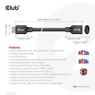 Club3D prodlužovací Ultra rychlý HDMI kabel, 4K120Hz, 8K60Hz, 48Gbps, M/F, 1m, 30 AWG Club3D prodlužovací Ultra rychlý HDMI kabel, 4K120Hz, 8K60Hz, 48Gbps, M/F, 1m, 30 AWG