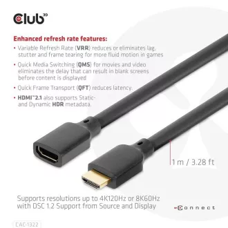 Club3D prodlužovací Ultra rychlý HDMI kabel, 4K120Hz, 8K60Hz, 48Gbps, M/F, 1m, 30 AWG Club3D prodlužovací Ultra rychlý HDMI kabel, 4K120Hz, 8K60Hz, 48Gbps, M/F, 1m, 30 AWG