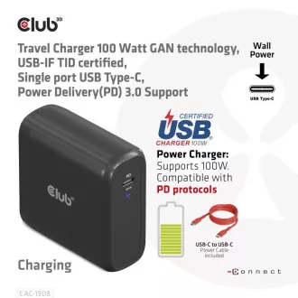 Club3D cestovní nabíječka 100W GAN technologie, USB-IF TID certified, USB Type-C, Power Delivery(PD) 3.0 Support Club3D cestovní nabíječka 100W GAN technologie, USB-IF TID certified, USB Type-C, Power Delivery(PD) 3.0 Support