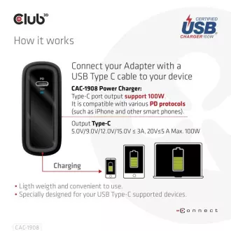 Club3D cestovní nabíječka 100W GAN technologie, USB-IF TID certified, USB Type-C, Power Delivery(PD) 3.0 Support Club3D cestovní nabíječka 100W GAN technologie, USB-IF TID certified, USB Type-C, Power Delivery(PD) 3.0 Support