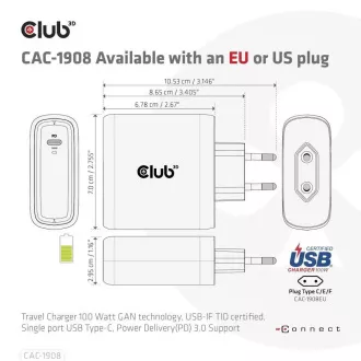 Club3D cestovní nabíječka 100W GAN technologie, USB-IF TID certified, USB Type-C, Power Delivery(PD) 3.0 Support Club3D cestovní nabíječka 100W GAN technologie, USB-IF TID certified, USB Type-C, Power Delivery(PD) 3.0 Support