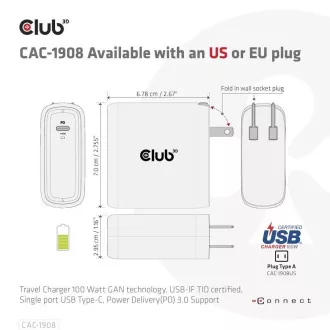 Club3D cestovní nabíječka 100W GAN technologie, USB-IF TID certified, USB Type-C, Power Delivery(PD) 3.0 Support Club3D cestovní nabíječka 100W GAN technologie, USB-IF TID certified, USB Type-C, Power Delivery(PD) 3.0 Support