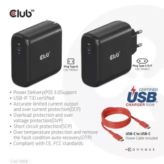 Club3D cestovní nabíječka 100W GAN technologie, USB-IF TID certified, USB Type-C, Power Delivery(PD) 3.0 Support Club3D cestovní nabíječka 100W GAN technologie, USB-IF TID certified, USB Type-C, Power Delivery(PD) 3.0 Support