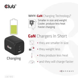 Club3D cestovní nabíječka 65W GAN technologie, 3 porty (2xUSB-C + USB-A), PPS, Power Delivery(PD) 3.0 Support Club3D cestovní nabíječka 65W GAN technologie, 3 porty (2xUSB-C + USB-A), PPS, Power Delivery(PD) 3.0 Support