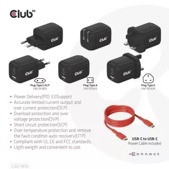 Club3D cestovní nabíječka 65W GAN technologie, 3 porty (2xUSB-C + USB-A), PPS, Power Delivery(PD) 3.0 Support Club3D cestovní nabíječka 65W GAN technologie, 3 porty (2xUSB-C + USB-A), PPS, Power Delivery(PD) 3.0 Support