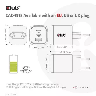 Club3D cestovní nabíječka 65W GAN technologie, 3 porty (2xUSB-C + USB-A), PPS, Power Delivery(PD) 3.0 Support Club3D cestovní nabíječka 65W GAN technologie, 3 porty (2xUSB-C + USB-A), PPS, Power Delivery(PD) 3.0 Support