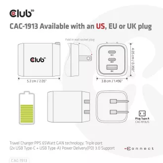 Club3D cestovní nabíječka 65W GAN technologie, 3 porty (2xUSB-C + USB-A), PPS, Power Delivery(PD) 3.0 Support Club3D cestovní nabíječka 65W GAN technologie, 3 porty (2xUSB-C + USB-A), PPS, Power Delivery(PD) 3.0 Support