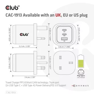 Club3D cestovní nabíječka 65W GAN technologie, 3 porty (2xUSB-C + USB-A), PPS, Power Delivery(PD) 3.0 Support Club3D cestovní nabíječka 65W GAN technologie, 3 porty (2xUSB-C + USB-A), PPS, Power Delivery(PD) 3.0 Support