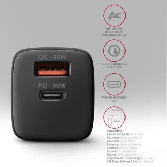 AXAGON ACU-PQ30, Sil nabíječka do sítě 30W, 2x port (USB-A + USB-C), PD3.0/PPS/QC4+/SFC/AFC/Apple, černá AXAGON ACU-PQ30, Sil nabíječka do sítě 30W, 2x port (USB-A + USB-C), PD3.0/PPS/QC4+/SFC/AFC/Apple, černá