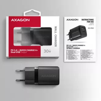AXAGON ACU-PQ30, Sil nabíječka do sítě 30W, 2x port (USB-A + USB-C), PD3.0/PPS/QC4+/SFC/AFC/Apple, černá AXAGON ACU-PQ30, Sil nabíječka do sítě 30W, 2x port (USB-A + USB-C), PD3.0/PPS/QC4+/SFC/AFC/Apple, černá