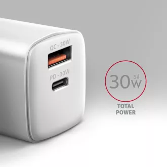 AXAGON ACU-PQ30W, Sil nabíječka do sítě 30W, 2x port (USB-A + USB-C), PD3.0/PPS/QC4+/SFC/AFC/Apple, bílá AXAGON ACU-PQ30W, Sil nabíječka do sítě 30W, 2x port (USB-A + USB-C), PD3.0/PPS/QC4+/SFC/AFC/Apple, bílá