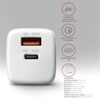 AXAGON ACU-PQ30W, Sil nabíječka do sítě 30W, 2x port (USB-A + USB-C), PD3.0/PPS/QC4+/SFC/AFC/Apple, bílá AXAGON ACU-PQ30W, Sil nabíječka do sítě 30W, 2x port (USB-A + USB-C), PD3.0/PPS/QC4+/SFC/AFC/Apple, bílá