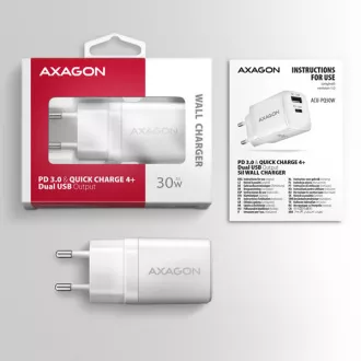 AXAGON ACU-PQ30W, Sil nabíječka do sítě 30W, 2x port (USB-A + USB-C), PD3.0/PPS/QC4+/SFC/AFC/Apple, bílá AXAGON ACU-PQ30W, Sil nabíječka do sítě 30W, 2x port (USB-A + USB-C), PD3.0/PPS/QC4+/SFC/AFC/Apple, bílá