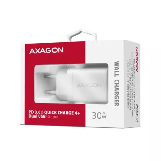 AXAGON ACU-PQ30W, Sil nabíječka do sítě 30W, 2x port (USB-A + USB-C), PD3.0/PPS/QC4+/SFC/AFC/Apple, bílá AXAGON ACU-PQ30W, Sil nabíječka do sítě 30W, 2x port (USB-A + USB-C), PD3.0/PPS/QC4+/SFC/AFC/Apple, bílá
