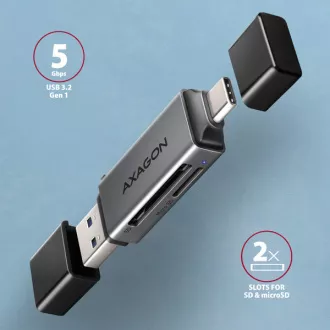 AXAGON CRE-DAC, USB-C + USB-A, 5 Gbps - MINI čtečka karet, 2-slot & lun SD/microSD, podpora UHS-I AXAGON CRE-DAC, USB-C + USB-A, 5 Gbps - MINI čtečka karet, 2-slot & lun SD/microSD, podpora UHS-I