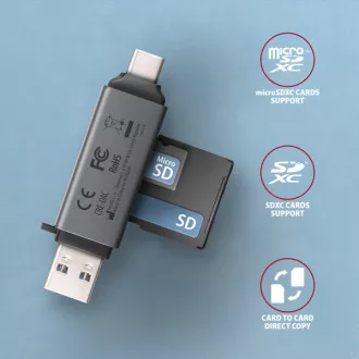 AXAGON CRE-DAC, USB-C + USB-A, 5 Gbps - MINI čtečka karet, 2-slot & lun SD/microSD, podpora UHS-I AXAGON CRE-DAC, USB-C + USB-A, 5 Gbps - MINI čtečka karet, 2-slot & lun SD/microSD, podpora UHS-I