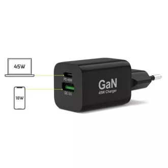 PORT síťová nabíječka pro USB-C a USB-A, 45 W, černá
