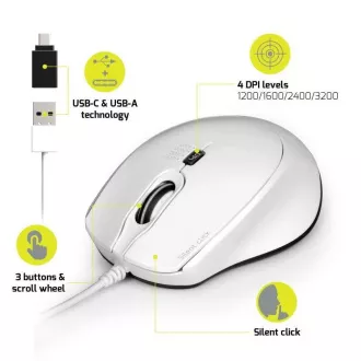 PORT optická myš SILENT, USB-A/USB-C, 3600 DPI, bílá PORT optická myš SILENT, USB-A/USB-C, 3600 DPI, bílá