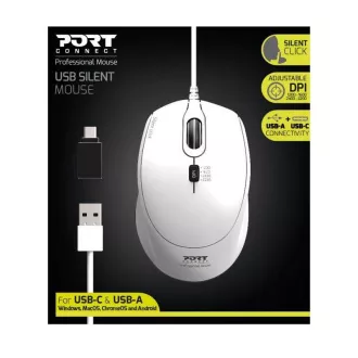 PORT optická myš SILENT, USB-A/USB-C, 3600 DPI, bílá PORT optická myš SILENT, USB-A/USB-C, 3600 DPI, bílá