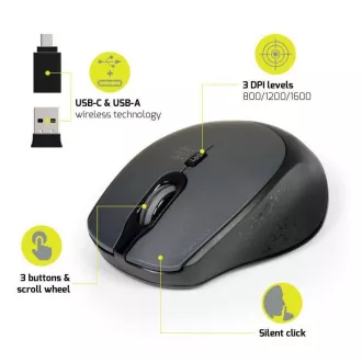PORT bezdrátová myš SILENT, USB-A/USB-C dongle, 2, 4Ghz, 1600DPI, černá PORT bezdrátová myš SILENT, USB-A/USB-C dongle, 2, 4Ghz, 1600DPI, černá