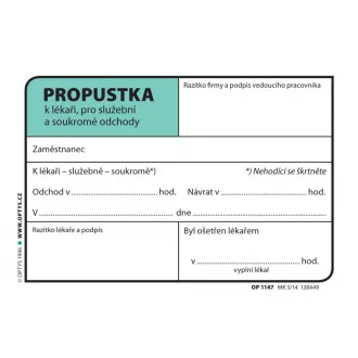 Tiskopis Propustka A7 100 listů OPTYS Tiskopis Propustka A7 100 listů OPTYS