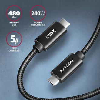 AXAGON BUCM2-CM15AB, CHARGE kabel USB-C <-> USB-C, 1.5m, Hi-Speed USB, PD 240W 5A, ALU, oplet, černý AXAGON BUCM2-CM15AB, CHARGE kabel USB-C <-> USB-C, 1.5m, Hi-Speed USB, PD 240W 5A, ALU, oplet, černý