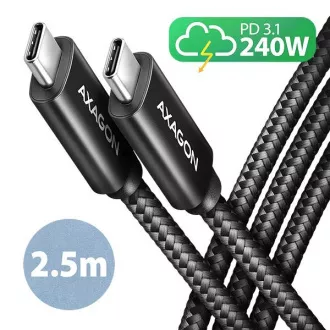 AXAGON BUCM2-CM25AB, CHARGE kabel USB-C <-> USB-C, 2.5m, Hi-Speed USB, PD 240W 5A, ALU, oplet, černý AXAGON BUCM2-CM25AB, CHARGE kabel USB-C <-> USB-C, 2.5m, Hi-Speed USB, PD 240W 5A, ALU, oplet, černý