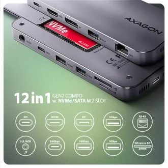 AXAGON HMC-12GM2, USB 10Gbps hub, 3x USB-A, USB-C, HDMI, DP, RJ-45 GLAN, M.2, SD/mSD, audio, PD 100W, kabel USB-C 50cm AXAGON HMC-12GM2, USB 10Gbps hub, 3x USB-A, USB-C, HDMI, DP, RJ-45 GLAN, M.2, SD/mSD, audio, PD 100W, kabel USB-C 50cm