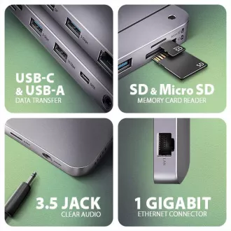 AXAGON HMC-12GM2, USB 10Gbps hub, 3x USB-A, USB-C, HDMI, DP, RJ-45 GLAN, M.2, SD/mSD, audio, PD 100W, kabel USB-C 50cm AXAGON HMC-12GM2, USB 10Gbps hub, 3x USB-A, USB-C, HDMI, DP, RJ-45 GLAN, M.2, SD/mSD, audio, PD 100W, kabel USB-C 50cm