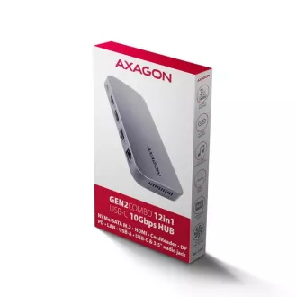 AXAGON HMC-12GM2, USB 10Gbps hub, 3x USB-A, USB-C, HDMI, DP, RJ-45 GLAN, M.2, SD/mSD, audio, PD 100W, kabel USB-C 50cm AXAGON HMC-12GM2, USB 10Gbps hub, 3x USB-A, USB-C, HDMI, DP, RJ-45 GLAN, M.2, SD/mSD, audio, PD 100W, kabel USB-C 50cm