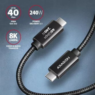 AXAGON BUCM4X-CM10AB NewGEN+ kabel USB-C <-> USB-C, 1m, USB4 Gen 3×2, PD 240W 5A, 8K HD, ALU, oplet, černý AXAGON BUCM4X-CM10AB NewGEN+ kabel USB-C <-> USB-C, 1m, USB4 Gen 3×2, PD 240W 5A, 8K HD, ALU, oplet, černý