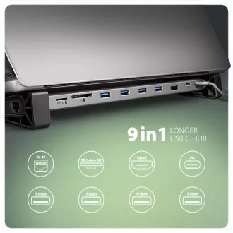 AXAGON HMC-10HLS, USB 5Gbps hub, 4x USB-A, HDMI 4k/60Hz, RJ-45 GLAN, SD/mSD, PD 100W, kabel USB-C 25cm