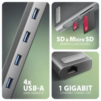 AXAGON HMC-10HLS, USB 5Gbps hub, 4x USB-A, HDMI 4k/60Hz, RJ-45 GLAN, SD/mSD, PD 100W, kabel USB-C 25cm