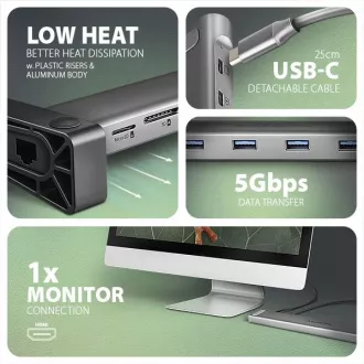 AXAGON HMC-10HLS, USB 5Gbps hub, 4x USB-A, HDMI 4k/60Hz, RJ-45 GLAN, SD/mSD, PD 100W, kabel USB-C 25cm