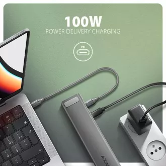 AXAGON HMC-10HLS, USB 5Gbps hub, 4x USB-A, HDMI 4k/60Hz, RJ-45 GLAN, SD/mSD, PD 100W, kabel USB-C 25cm