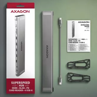 AXAGON HMC-10HLS, USB 5Gbps hub, 4x USB-A, HDMI 4k/60Hz, RJ-45 GLAN, SD/mSD, PD 100W, kabel USB-C 25cm