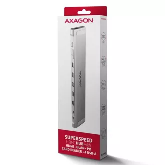 AXAGON HMC-10HLS, USB 5Gbps hub, 4x USB-A, HDMI 4k/60Hz, RJ-45 GLAN, SD/mSD, PD 100W, kabel USB-C 25cm