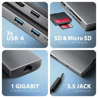 AXAGON HMC-8HLSA, USB 5Gbps hub, 3x USB-A, HDMI 4k/60Hz, RJ-45 GLAN, SD/microSD, audio, PD 100W, kabel USB-C 20cm AXAGON HMC-8HLSA, USB 5Gbps hub, 3x USB-A, HDMI 4k/60Hz, RJ-45 GLAN, SD/microSD, audio, PD 100W, kabel USB-C 20cm