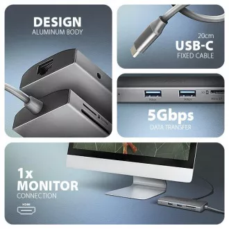 AXAGON HMC-8HLSA, USB 5Gbps hub, 3x USB-A, HDMI 4k/60Hz, RJ-45 GLAN, SD/microSD, audio, PD 100W, kabel USB-C 20cm AXAGON HMC-8HLSA, USB 5Gbps hub, 3x USB-A, HDMI 4k/60Hz, RJ-45 GLAN, SD/microSD, audio, PD 100W, kabel USB-C 20cm