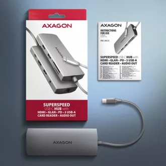 AXAGON HMC-8HLSA, USB 5Gbps hub, 3x USB-A, HDMI 4k/60Hz, RJ-45 GLAN, SD/microSD, audio, PD 100W, kabel USB-C 20cm AXAGON HMC-8HLSA, USB 5Gbps hub, 3x USB-A, HDMI 4k/60Hz, RJ-45 GLAN, SD/microSD, audio, PD 100W, kabel USB-C 20cm
