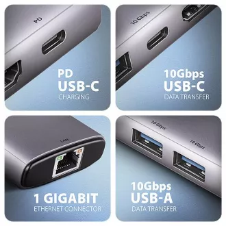 AXAGON HMC-6G2L, USB 10Gb/s hub, 2x USB-A, 1x USB-C, HDMI 4k/60, RJ-45, PD 100W, kabel USB-C 15cm AXAGON HMC-6G2L, USB 10Gb/s hub, 2x USB-A, 1x USB-C, HDMI 4k/60, RJ-45, PD 100W, kabel USB-C 15cm