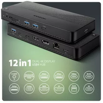 AXAGON HMC-U4, USB4 40Gbps dock, 3x USB-A, 2x USB-C, HDMI & DP 8K/30Hz, RJ-45, SD/mSD, audio, PD 100W, kabel USB-C 80cm AXAGON HMC-U4, USB4 40Gbps dock, 3x USB-A, 2x USB-C, HDMI & DP 8K/30Hz, RJ-45, SD/mSD, audio, PD 100W, kabel USB-C 80cm