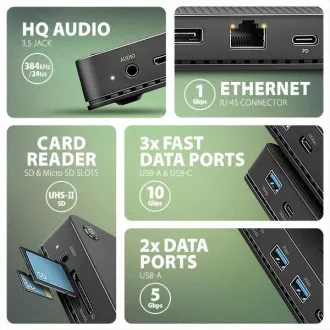 AXAGON HMC-U4, USB4 40Gbps dock, 3x USB-A, 2x USB-C, HDMI & DP 8K/30Hz, RJ-45, SD/mSD, audio, PD 100W, kabel USB-C 80cm AXAGON HMC-U4, USB4 40Gbps dock, 3x USB-A, 2x USB-C, HDMI & DP 8K/30Hz, RJ-45, SD/mSD, audio, PD 100W, kabel USB-C 80cm