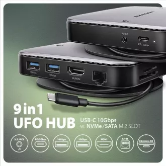 AXAGON HMC-UFO, USB 10Gbps hub, 2x USB-A, USB-C, HDMI 4k/60, RJ-45, M.2 slot, SD/mSD, audio, PD 100W, kabel USB-C 65cm