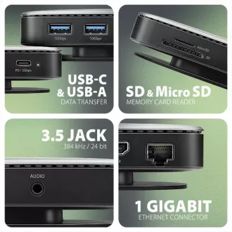 AXAGON HMC-UFO, USB 10Gbps hub, 2x USB-A, USB-C, HDMI 4k/60, RJ-45, M.2 slot, SD/mSD, audio, PD 100W, kabel USB-C 65cm